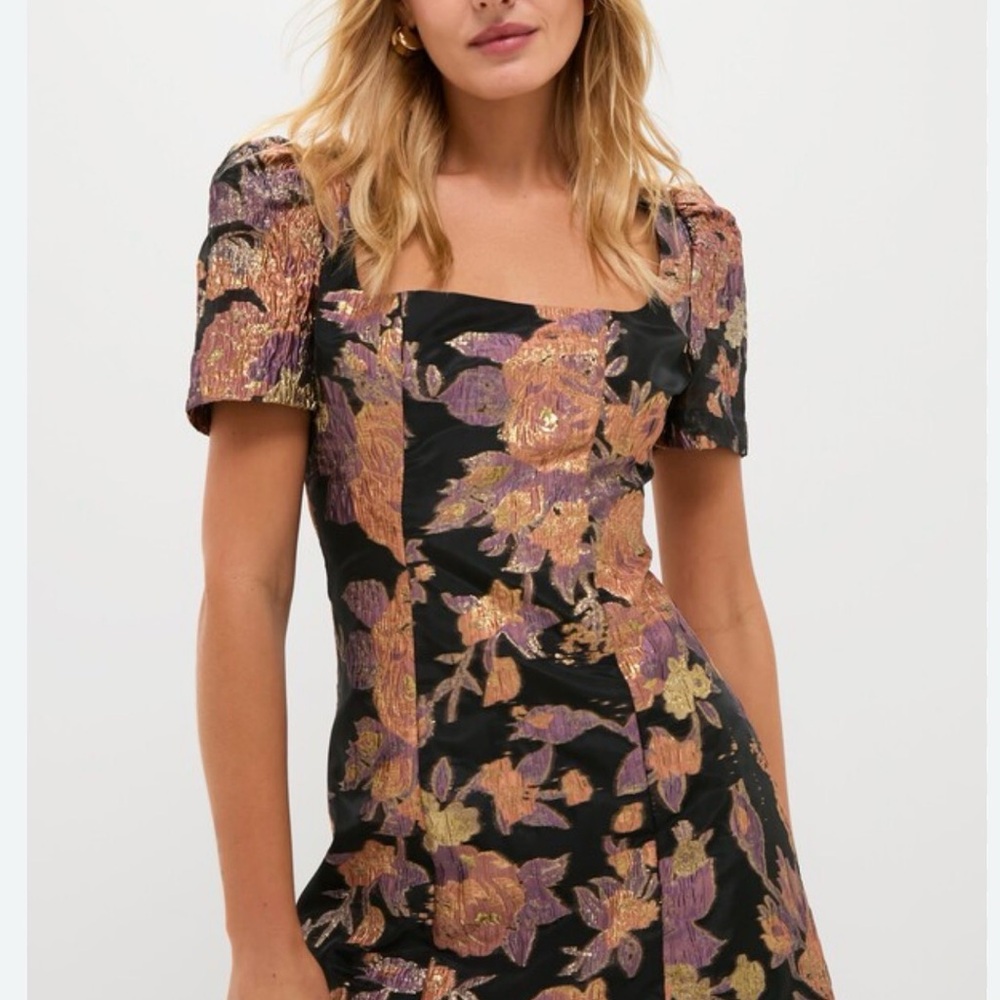 Black Floral Jacquard Square-Neck Mini Dress